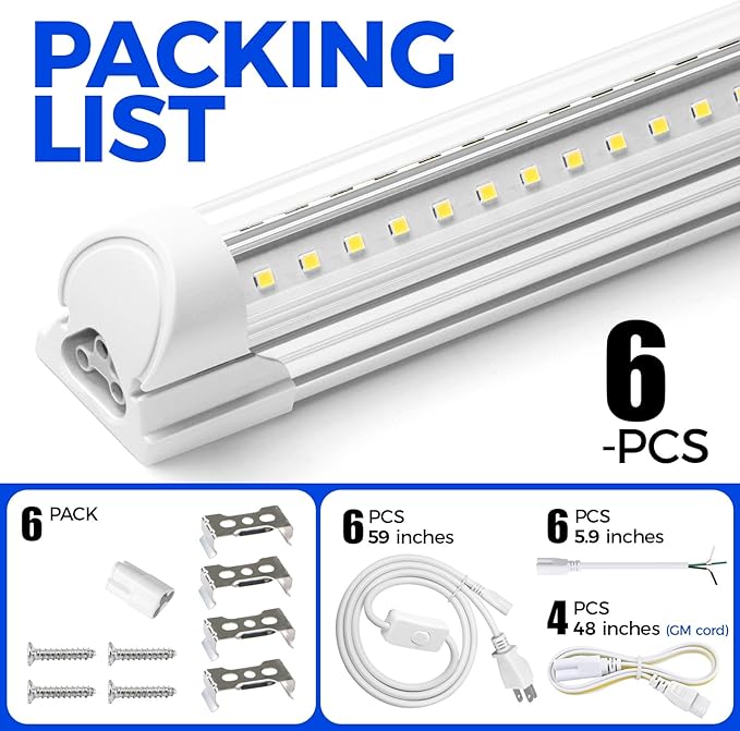Barrina 8FT LED Shop Light, 72W 10000LM 6500K, Clear Cover Linkable LED Tube Lights, Integrated T8 Light Fixture, V Shape Ceiling Lights for Garage, Warehouse, Workshop, 6 Packs