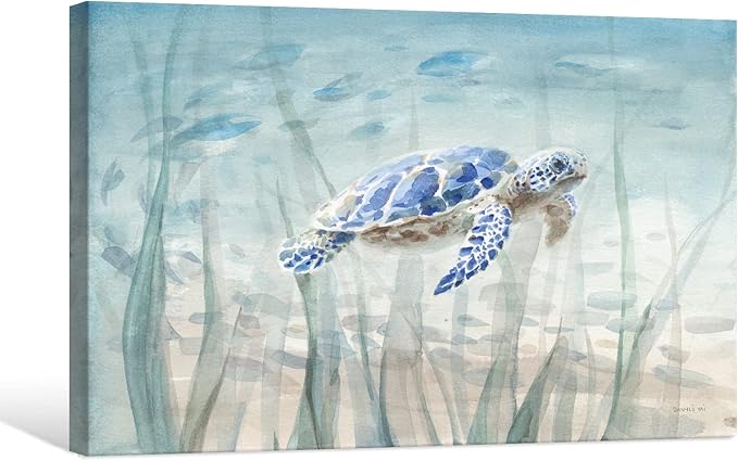 Ocean Wall Decor Blue Turtle Canvas Art Sea Grass Pictures Coastal Print Painting Nautical Artwork For Home Office Ready to Hang 36x24 Inch