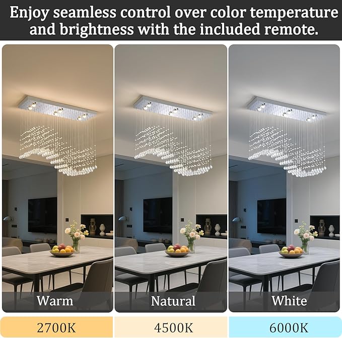 Modern Silver Crystal Raindrop Chandelier: 31.5" Rectangle Dimmable Lighting with Remote - Contemporary Chrome Wave Ceiling Light for Kitchen Dining Room Living Room Staircase Foyer Entryway Bedroom