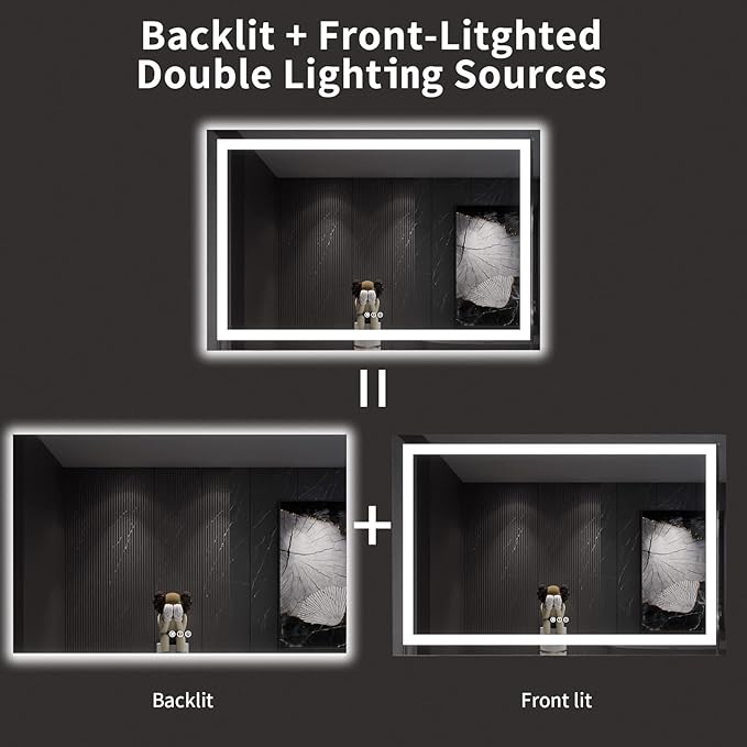 LOAAO 60X40 LED Bathroom Mirror with Lights, Anti-Fog, Dimmable, Backlit + Front Lit, Lighted Bathroom Vanity Mirror for Wall, Memory Function, Tempered Glass, ETL Listed