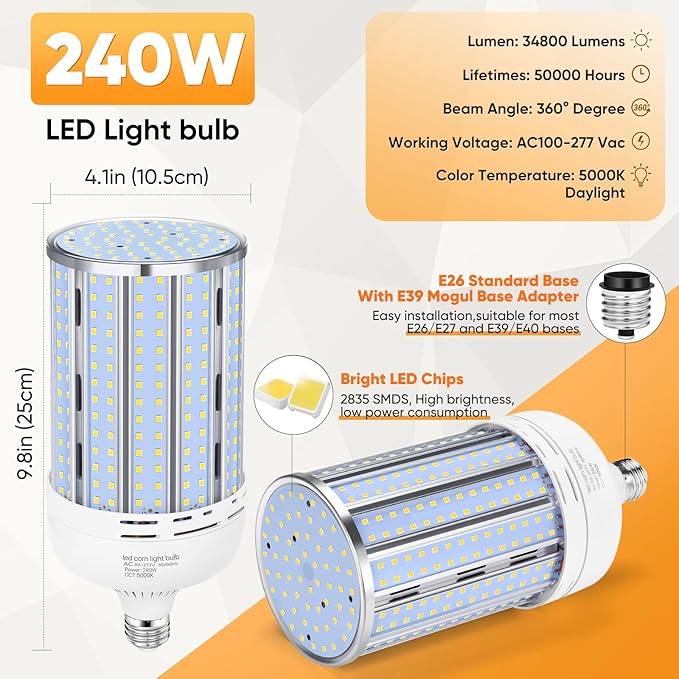 2 Pack 240W Corn LED Light Bulb Fanless,5000K Daylight(2400 Watt Equivalent) E26/E39 Large Mogul Base LED Cob Lamp 34,800LM for Outdoor Indoor Garage Warehouse Factory Workshop Street Backyard