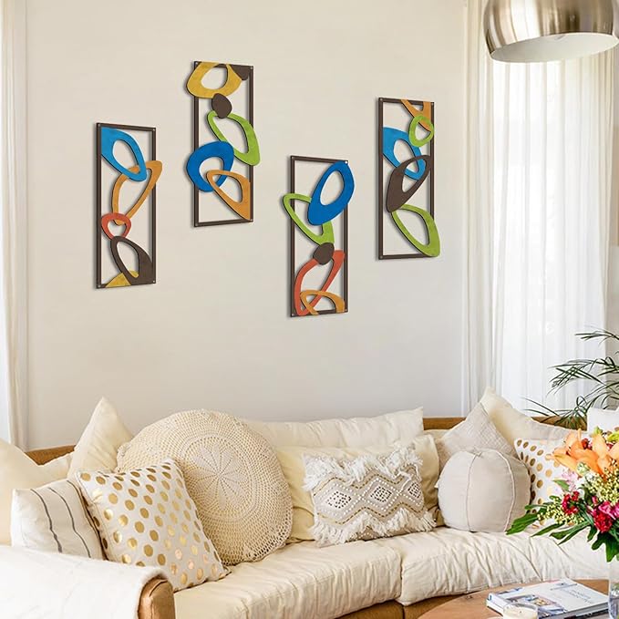 4 Pcs Mid Century Modern Decor Midcentury Retro Wall Art Elegance Wall Accents Metal Abstract Geometric Panels for Interior Wall Decor Panel Wall Art for Home Living Room
