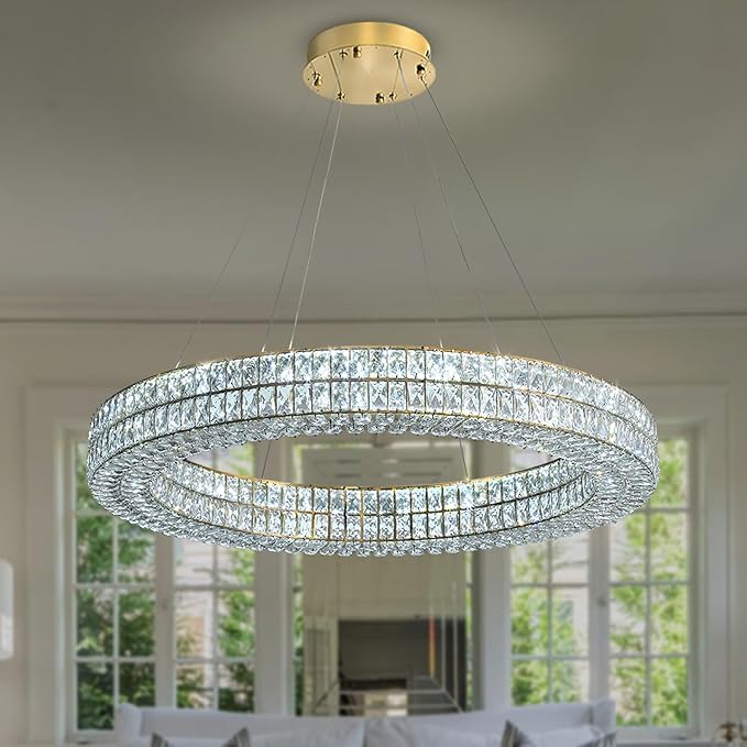Led 32in Gold Ring Chandelier, Modern Crystal Chandelier Lighting Hanging Ring Adjustable,Round Crystal Ceiling Light Fixture for Living Room Dining Room Bedroom