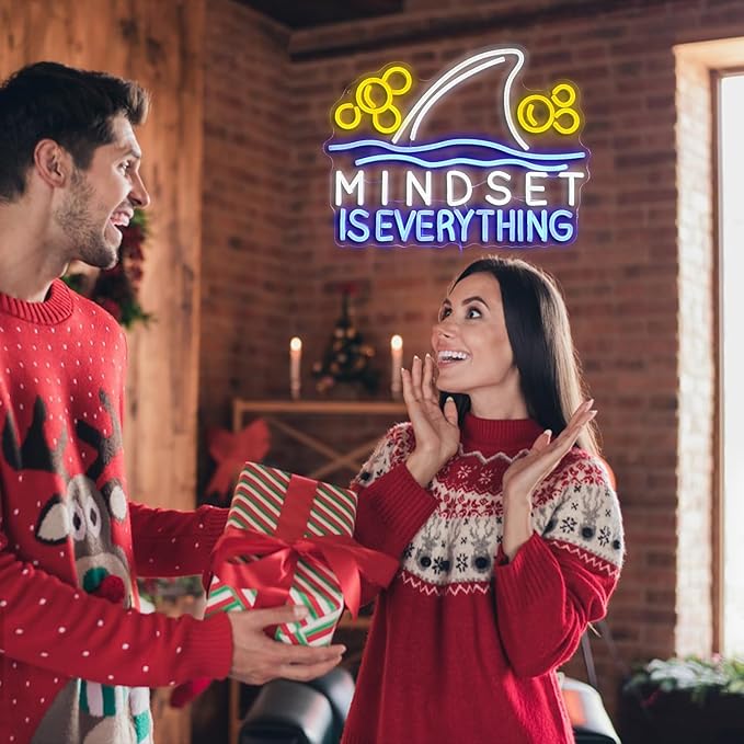Mindset is Everything Neon Sign Led Fish Shark Neon Light Up Sign Dimmable Inspirational Neon Wall Decor sign for Classroom Office Bedroom School 16.5 * 12.6 IN