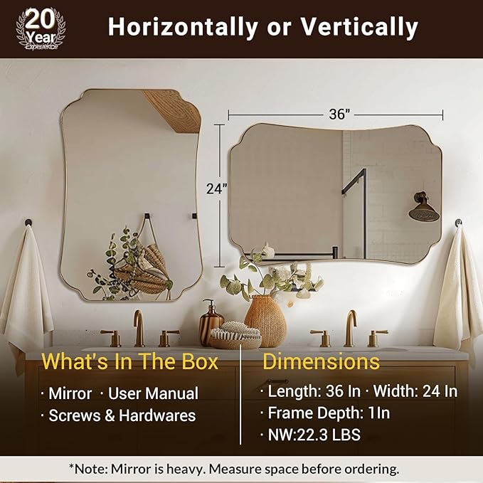 ANDY STAR 24"x36" Gold Mirror, Brushed Brass Scalloped Wall Mirror, Bathroom Wall Mirror with Stainless Steel Metal Framed Ideal for Bedroom, Hallway