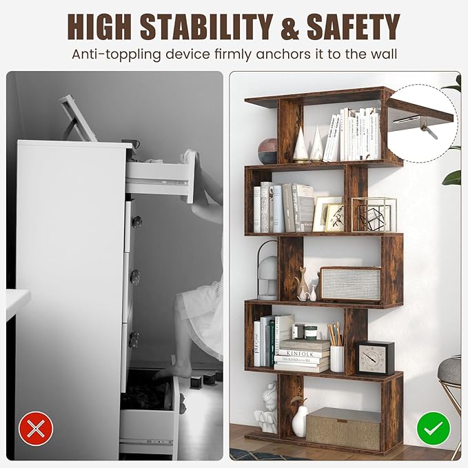 5 Tier Geometric Bookcase, S Shaped Bookshelf, Modern Decorative Storage Shelving, Wooden Room Divider Bookcase, 62.5" Tall Staggered Display Book Shelf for Living Room (1, Rustic Brown)