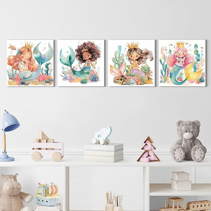 Nursery Room Mermaid Wall Art Girls Bathroom Mermaid Princess Pictures Girly Bedroom Decor Cute Succulent Underwater World Ocean Life Painting Canvas Print Baby Kids Playroom Home Decoration 12×12" 4P