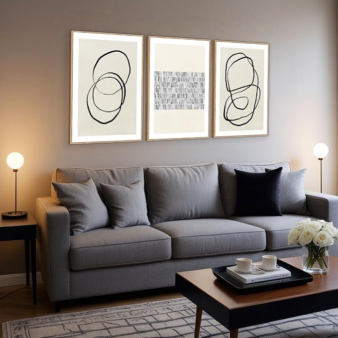 Abstract Boho Wall Art Set - Modern Boho Geometric Framed Canvas Prints, Neutral Mid-Century Graffiti Inspired Decorative Wall Decor for Living Room, Bedroom, Office - 24"x36"x3