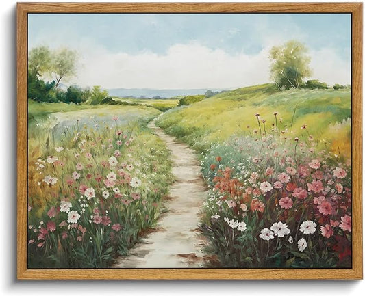 KISSFOX Vintage Framed Wall Art Decor Modern Farmhouse Spring Landscape Pictures Paintings Wall Decor Rustic Wildflower Canvas Art Prints Nature Countryside Artwork For Bedroom Kitchen Living Room