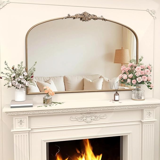 Arched Vintage Large Mirror: 48"x33" Oversize Champagne Gold Antique Wall Mounted Mirror - Baroque Traditional Ornate for Fireplace/Bathroom/Entryway - Gift Idea for Fashion-Conscious