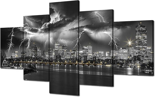 Boston Wall Art Massachusetts Panoramic Night Wall Decor Lightning Strikes City Picture Boston Skyline Canvas Prints Black and White Painting Poster Framed Home Decoration(60x32 inches)