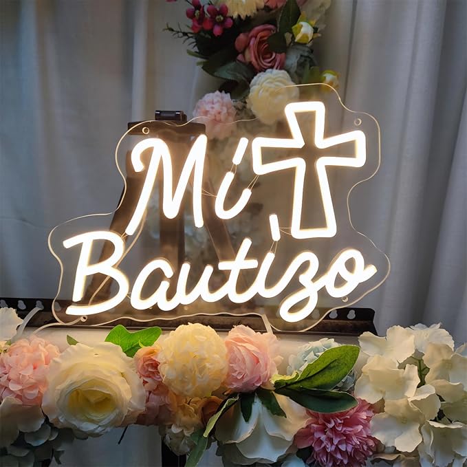 Mi Bautizo Neon Signs for Wall Decor, 14.2 * 10 Inches My Baptism Led Light Sign Perfect for Children's Birthday Party, Bedroom, Home, Room, Garden, Pub Bar, Easter, INSNEnN