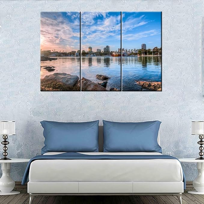 Large Canvas Print Wall Art – Long Beach Harbor Skyline – 40 x 20 Inch Canvas Picture Stretched On Wooden Frame – California Port City Cityscape Giclee Canvas Printing – Hanging Wall Deco Picture