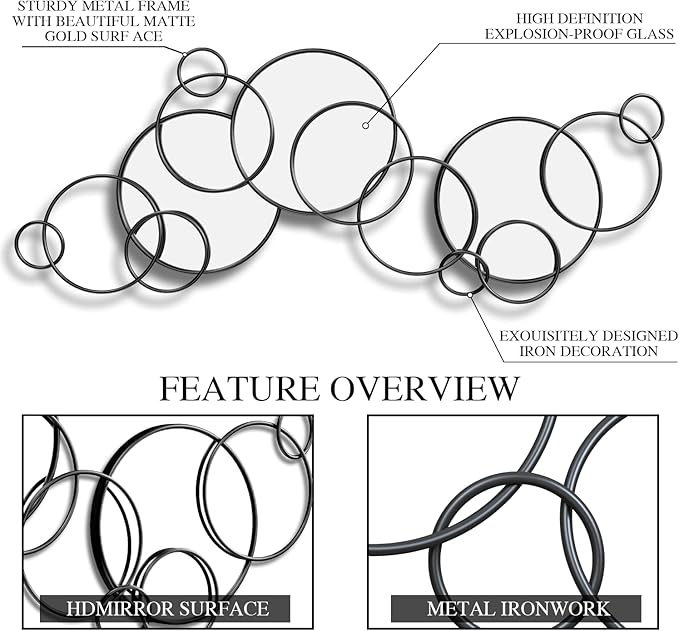 Wall Mirror Decorative, Large Decorative Mirrors for Wall Decor, Round Black Mirror Wall Art, Wall Mirrors for Living Room, Entryway, Bedroom, Dining Room Kitchen 45''x25.5''