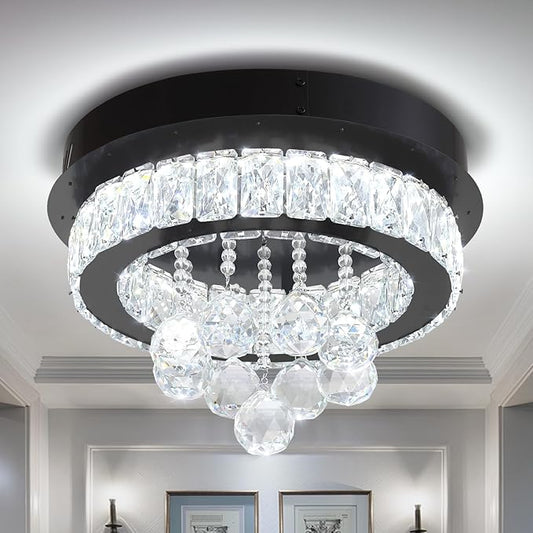Dia 12" Mini Chandelier Flush Mount Chandelier for Hallway, Crystal Ceiling Chandeliers for Dining Room, Bedroom, Living Room, Entryway, Kitchen (Black Ceiling Light Fixture)