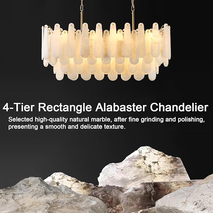 Chandeliers for Dining Room, L39.4in Modern Alabaster Rectangle Brass Chandelier, 4-Tiers Luxury Natural Stone Ceiling Light Fixture, White Marble Chandeliers for Kitchen Island Living Room