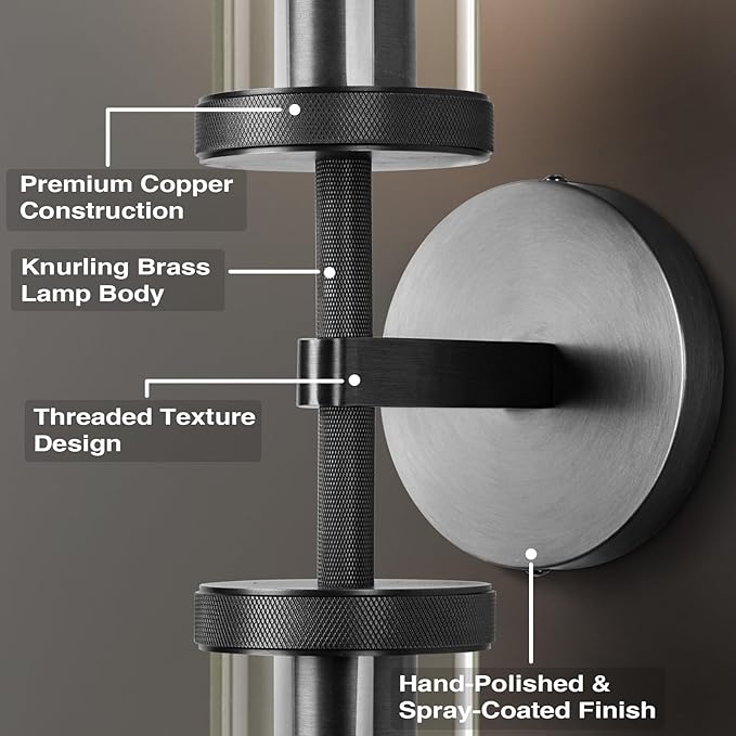 Black Wall Sconces Set of Two, 30" Modern Wall Lighting, Double Lights with Clear Glass Tubes, Knurled Vanity Light for Bathroom, Living Room, Bedroom, Hardwired (Including Bulb)