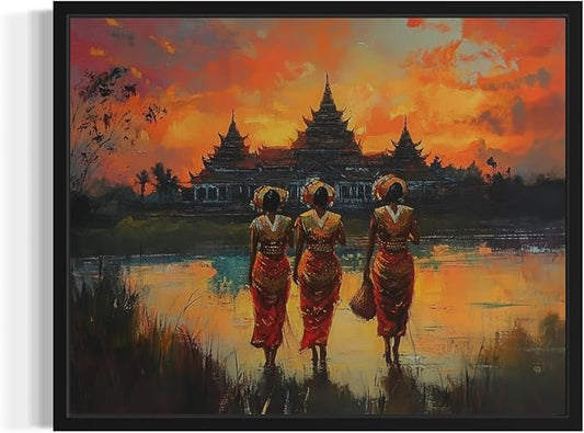 Cambolia Art Print Poster, Asia Oriental Countries Culture Wall Art Asian Paintings for Bedroom Bathroom Living Room Decor 97 (Cambolia, 16 x 20 inches, Black Frame)