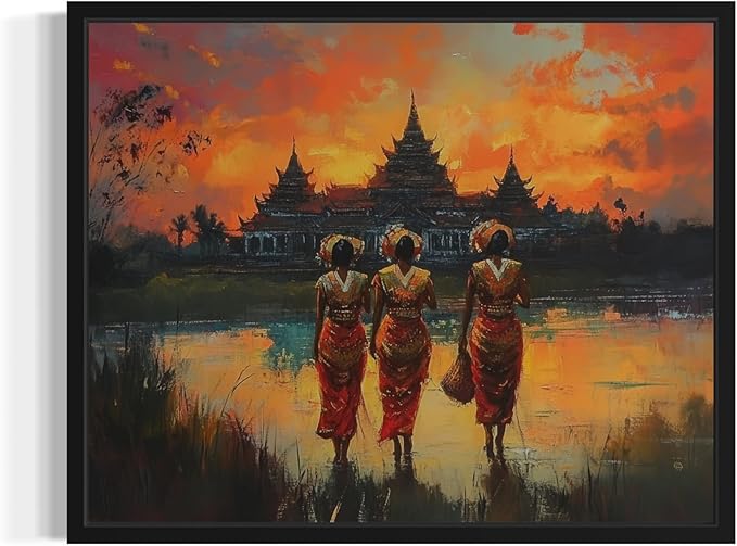 Cambolia Art Print Poster, Asia Oriental Countries Culture Wall Art Asian Paintings for Bedroom Bathroom Living Room Decor 97 (Cambolia, 8 x 10 inches, Black Frame)
