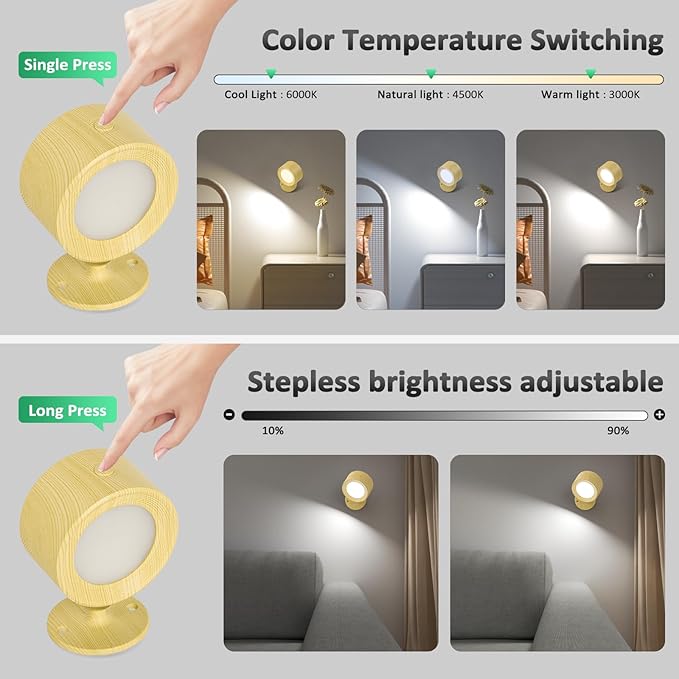Lightbiz LED Wall Sconces, Wall Mounted Lamp 2 Pcs with Remote Rechargeable Battery Operated, 3 Color Temperatures & Dimmable Wall Lights Magnetic 360° Rotation Light