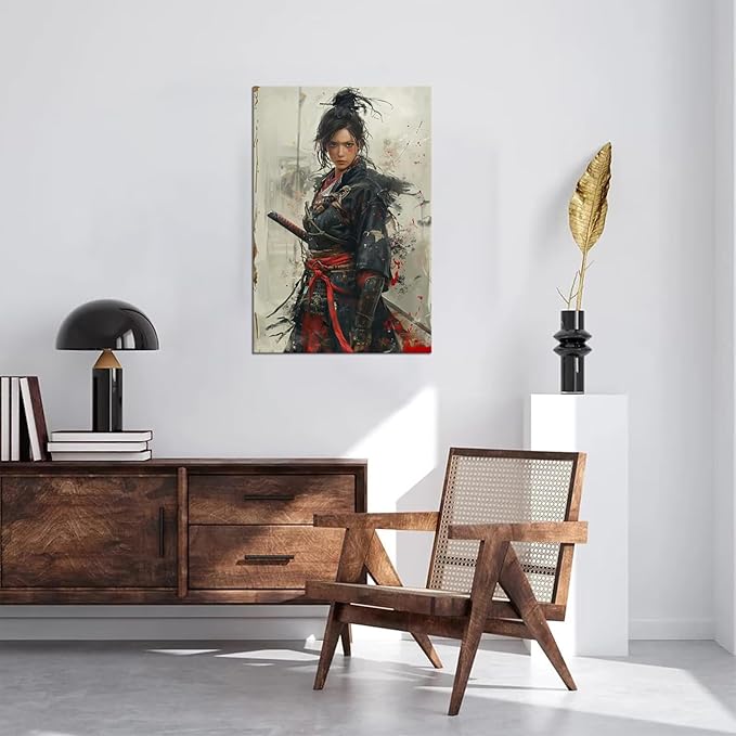 Japanese Female Samurai Wall Art Woman Fight Painting Canvas Prints Warrior Figure Pictures Bushido Posters Japanese Culture Theme Artwork for Bedroom Living Room Decor (12''W x 16''H)