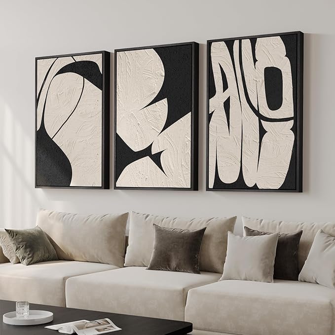 Large Framed Neutral Abstract Wall Art for Living Room, 3 Piece Black and Beige Modern Canvas Prints Paintings Artwork for Walls, Minimalist Abstract Pictures for Hallway, Office Wall Decor 24x36 In