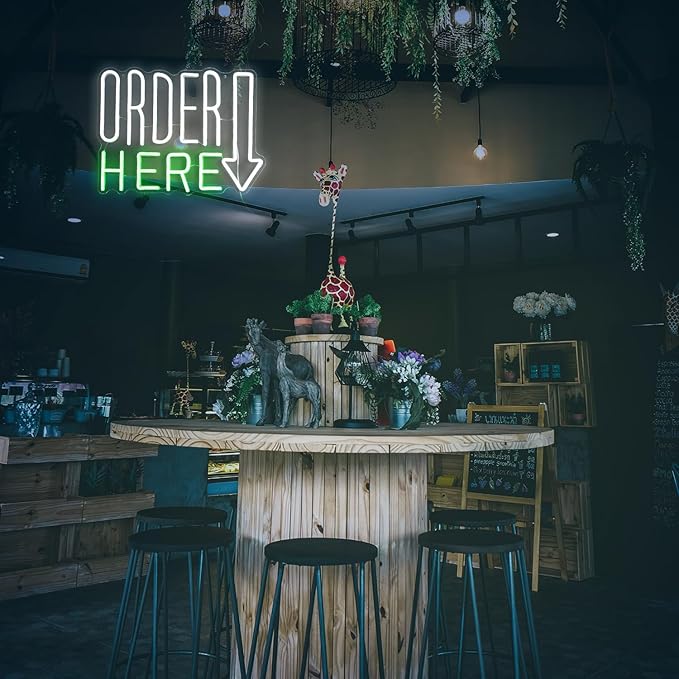 Order Here Neon Sign Cool White Green Letter Neon Light for Wall Decor Dimmable USB LED Light UP Words Sign for Restaurant Shop Bar Business Neon Wall Decor Sign (16.5‘’*11.2‘’）