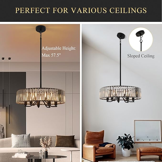 Black Crystal Chandelier for Dining Room, 6-Light Modern Semi Flush Mount Chandelier Lighting Fixtures,Round Kitchen Hanging Drum Pendant Lights Ceiling for Bedroom Entryway Foyer, E12 Base, 19.7Inch