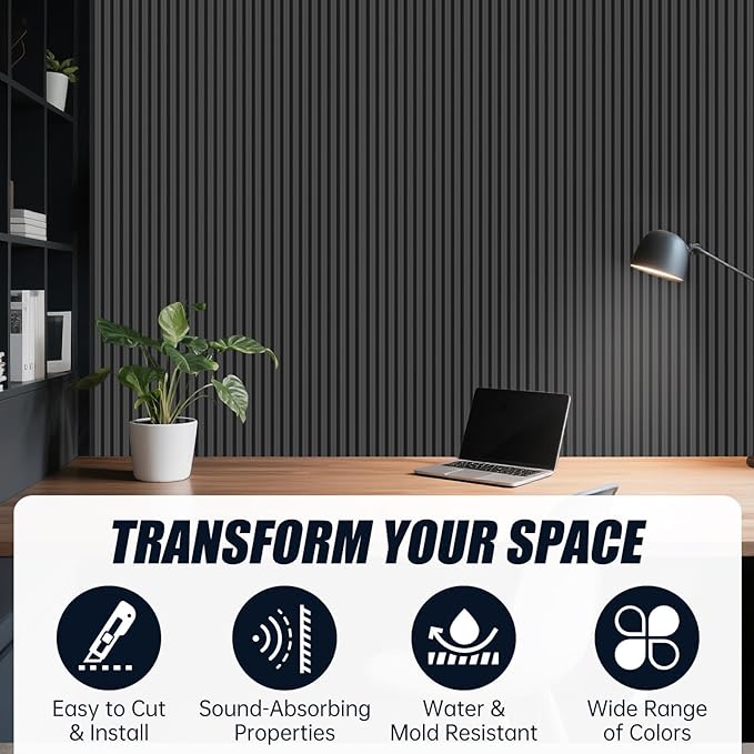 4 Pack 94.5" × 11" Wood Panels for Wall, Acoustic Soundproof Wall Slat Panels, 3D Wall Panels for Home Office Decoration, Matte Black