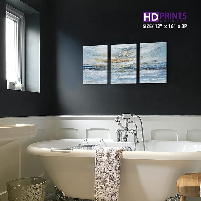 Abstract Canvas Wall Art for Bedroom 3 Piece Ocean Painting Coastal Theme Artwork Blue and Yellow Sunset & Sunrise on the Beach Seascape Picture for Bathroom Living Room Light 12x16inchx3 panel