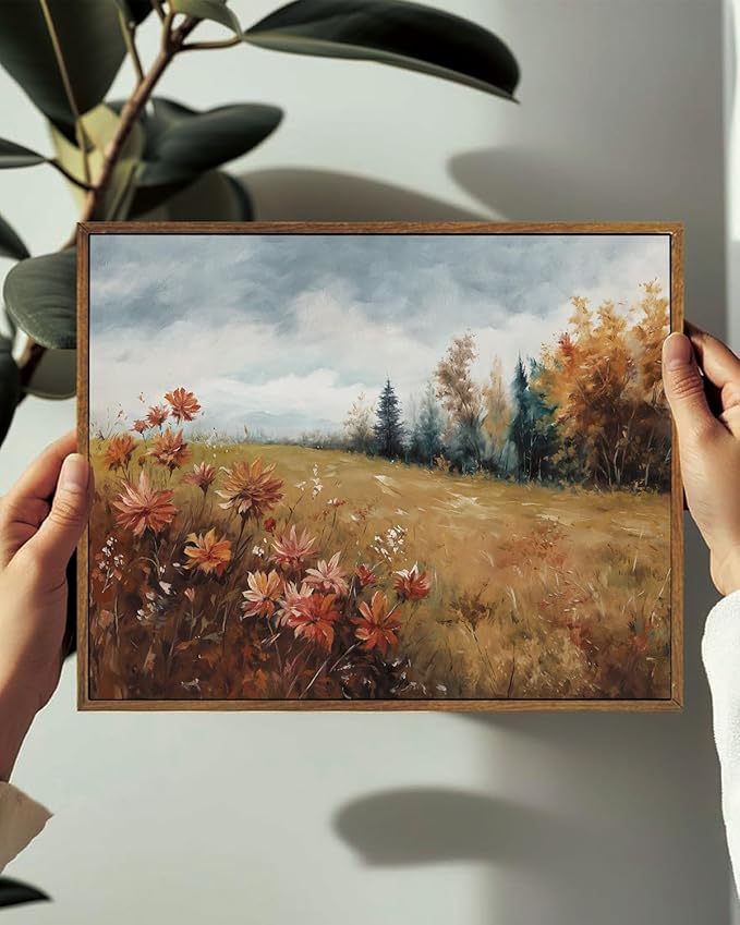 KISSFOX Vintage Fall Countryside Framed Wall Art Autumn Wildflower Forest Landscape Canvas Art Farmhouse Floral Golden Fields Paintings Artwork Rustic Serene Art Prints For Kitchen Living room Bedroom