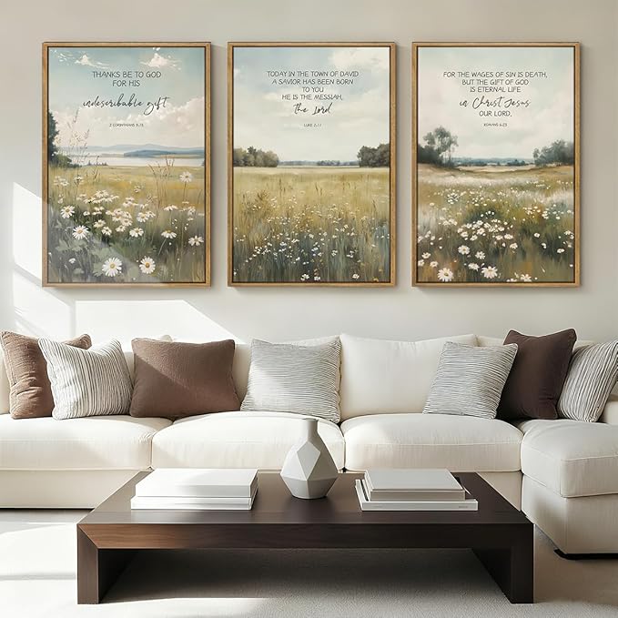 Anyzal Christian Jesus Wall Art Bible Scripture Wall Decor Farmhouse Wildflower Paintings Set of 3 for Living Room Bedroom Dining Room16x24 Inch