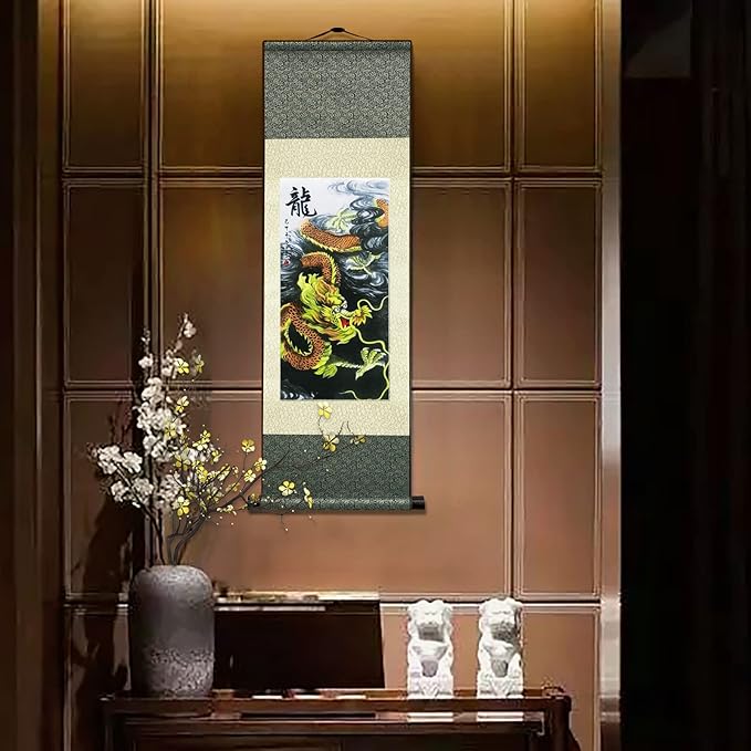 Chinese Landscape Painting Asian Wall Art Silk Scroll Painting Chinese Dragon Decoration Scroll Wall Five Paws Golden Dragon Decor Posters for Room Aesthetic Gallery Wall 36.2 x 12 in(L1)