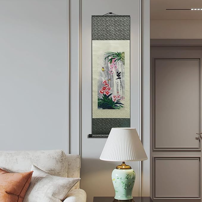 AtfArt Asian Wall Decor - Beautiful Silk Scroll Painting of 4 Righteous Men with Flowers - Plum Orchid, Bamboo, Chrysanthemum - Oriental Decor, Chinese Art Wall Scroll Hanging