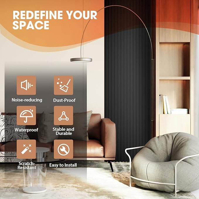 OUZUGIE WPC Acoustic Slat Wall Paneling, 8-Pack 96 x 6 Inches 3D Wall Panels for Interior Wall Decor,Living Room,TV Background,Study Room,Office Spaces,Bedroom,Low Grille (Black)