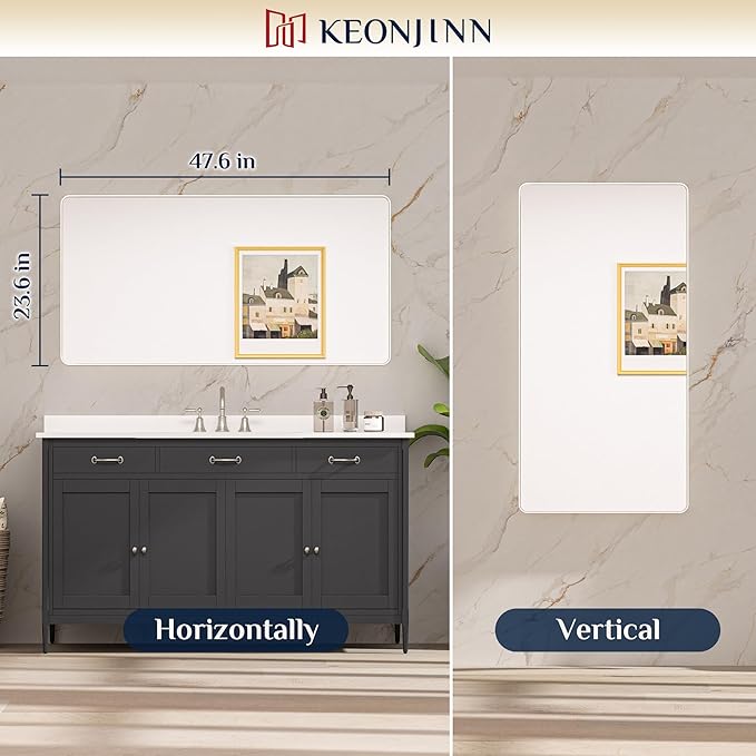 Keonjinn Brushed Nickel Mirror 48” x 24” Silver Bathroom Mirror for Over Sink, Rounded Rectangle Farmhouse Vanity Mirror, HD Tempered Glass, Metal Framed Full Length Wall Mirror(Horizontal/Vertical)