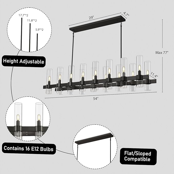 Modern Black Linear Chandelier for Dining Room, 54'' Rectangular Dining Chandeliers Over Dining Table 16 Light, Linear Chandelier Lighting Fixture with Glass over Kitchen Island, Includes Bulbs