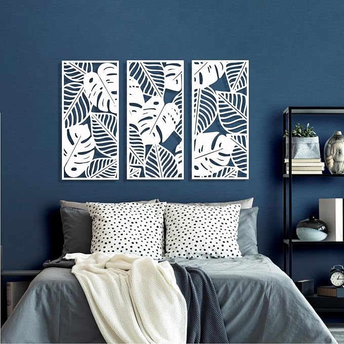 3 Pcs Large Leaves Boho Palm Leaf Wall Art, Tropical Metal Wall Decor for Living Room Bedroom Outdoor (47x22.5 inches / 119x57x3 PCS, Black)