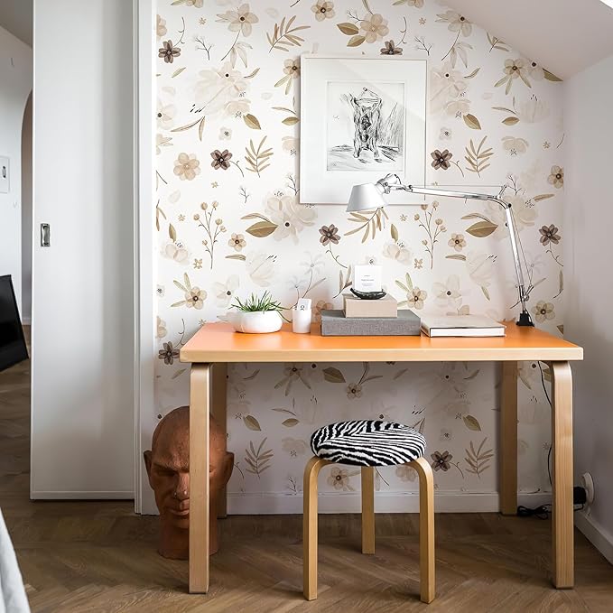17.3"x118" Warm White Peel and Stick Wallpaper Autumn Floral and Leaf Wallpaper Self Adhesive Contact Paper Brown Flower Wall Paper Leaves Removable for Bedroom Furniture Decor