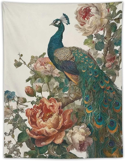UUKXKUU Peacock Oriental Retro Blooming Flowers Tree Tapestry Flag Backdrop Wall Hanging Large Wall Art Decor for Dorm Office Bedroom Living Room 30"×40"