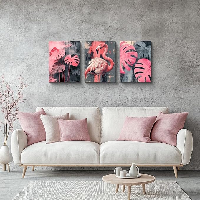 NAN Wind 3PCS Pink Flamingo Wall Art Modern Tropical Monstera Leaves Canvas Print Palm Leaf Bird Wall Decor Contemporary Botanical Print Nature-Inspired Artwork Living Room Decor Bedroom Home