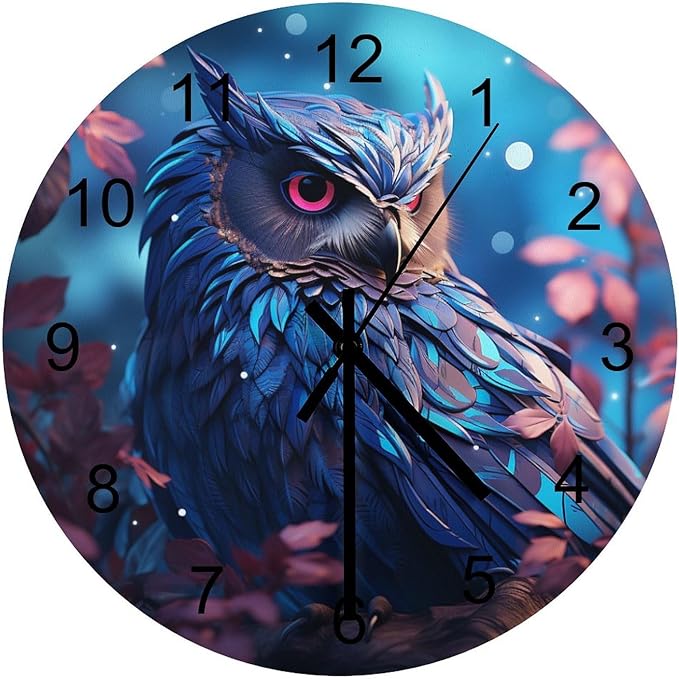 Blue Owl-Themed Circular Wall Clock, Dreamy Background Owl Watercolor Art In The Flower Night Forest, Wooden Silent Wall Decorative Wall Clock Teenagers' Rooms, Living Kitchens 12x12INCH