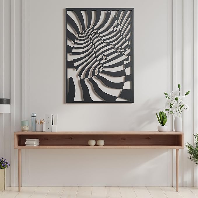 NEODECO Dancing Zebras Metal Wall Art, Black White Animal Wall Decor for home, 3d geometric illusion art sculpture for living room & for bedroom, (Black, Small)