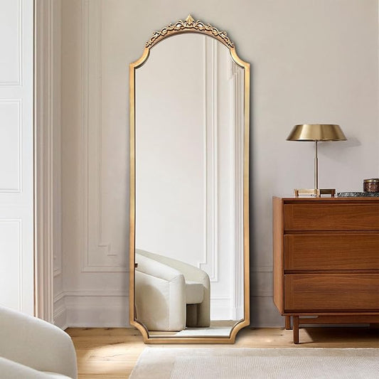 Large Gold Vintage Mirror, 53"x20" Arched Standing Floor Mirror, Ornate Baroque Mirrors, Traditional Carved Mantel Mirrors for Living Room Fireplace Bathroom Bedroom Entryway
