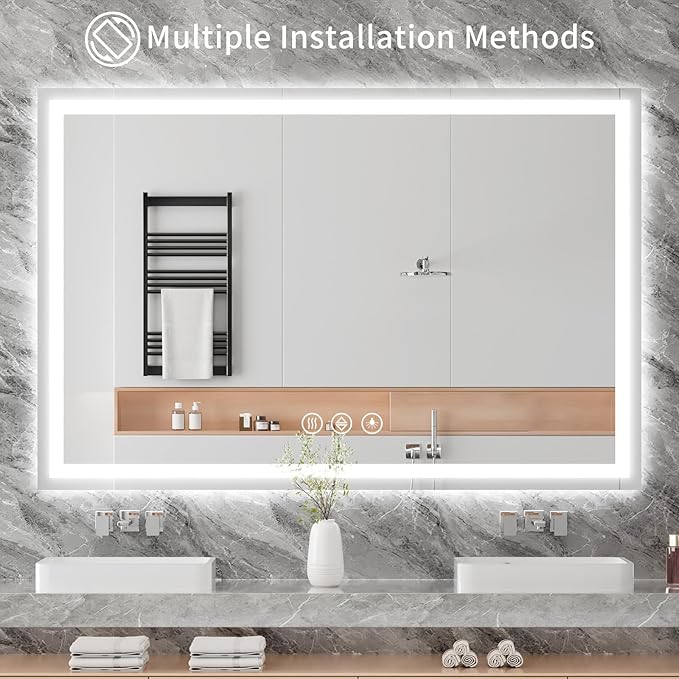 Koonmi 60"x36" LED Mirror for Bathroom, 90CRI Anti-Fog Vanity Mirror with Front and Backlight, Shatter-Proof Wall Mirror with Light, Easy Install Lighted Mirror for Modern Bathroom (IP65)