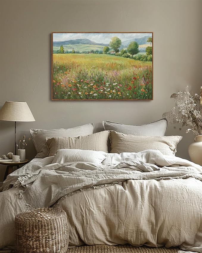 KISSFOX Vintage Landscape Canvas Wall Art Spring Farmhouse Colorful Wildflower Field Framed Wall Art Natural Countryside Cottagecore Paintings Artwork Rustic Art Prints For Bedroom Living Room