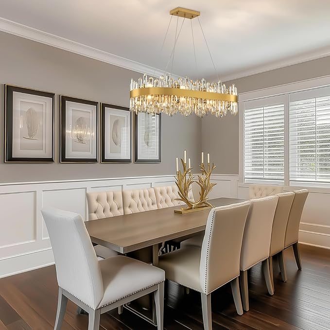 Modern Crystal Chandelier, 16-Lights 2 Tiers Dining Room Chandelier Over Table, 36'' K9 Crystal Gold Rectangular Chandeliers for Kitchen Island Adjustable Long Chandeliers for Living Room