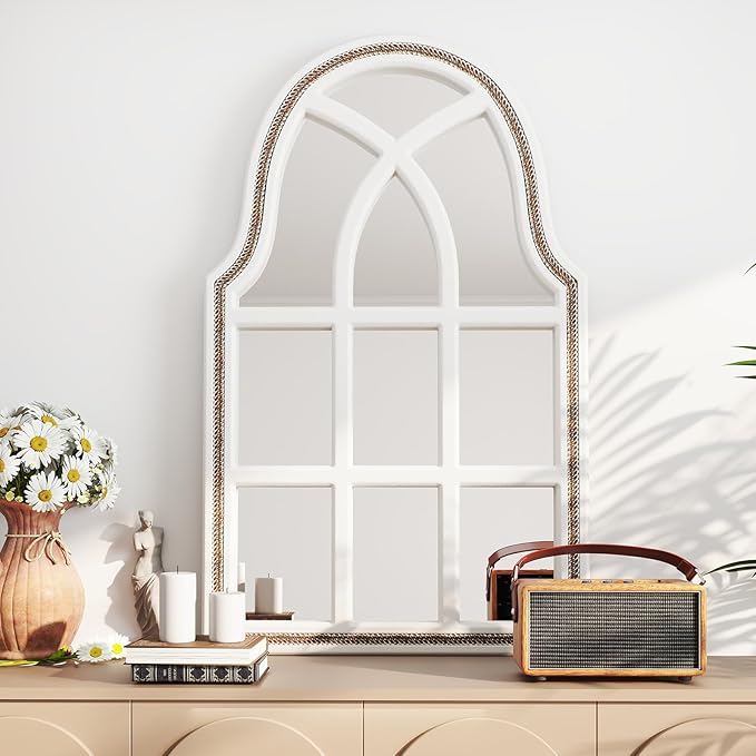 36x22 inches Arched Window Wall Mirrors with Grids, White Farmhouse Wooden Arch Mirror for Dresser, Bedroom, Stairways, Entryway and Living Rooms Decorative