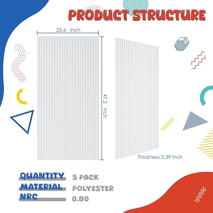 5 Pack Acoustic Panels,47.2x23.6x0.4 inch Acoustic Wall Panels,Large Soundproof Panels,Self-Adhesive Sound Proof Panels for Walls,Acoustic Treatment for Recording Studio&Office,White