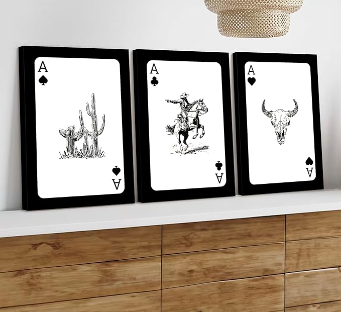 3Pcs Western Cowboy Canvas Wall Art Rustic Southwestern Style Poster Funny Creative Poker Ace Print Retro Western Aesthetic Image Cowboy Horse Bull Skull Cactus Painting for Bedroom Living Room Bathroom 12x16in Framed